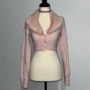 Rampage Angora Blend Cropped Cardigan w/ Faux Fur Collar S